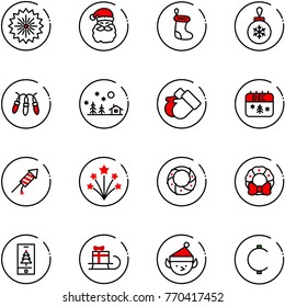 line vector icon set - firework vector, santa claus, christmas sock, ball, garland, landscape, gloves, calendar, rocket, wreath, mobile, sleigh gift, elf, cent