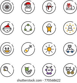 line vector icon set - firework vector, santa claus, snowman, sleigh gift, christmas elf, community, success, star man, money smile, fizz opening, sun, car toy, horse stick, caterpillar, monster