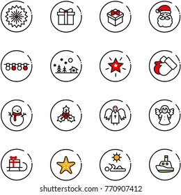 line vector icon set - firework vector, gift, santa claus, garland, christmas landscape, star, gloves, snowman, holly, angel, sleigh, starfish, reading, toy boat