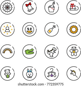line vector icon set - firework vector, bell, champagne, sleigh gift, star man, money smile, fizz opening, sun, rainbow, crocodile, dinosaur toy, bear, rabbit, baby carousel, unicorn stick