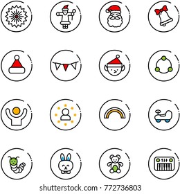 line vector icon set - firework vector, santa claus, bell, christmas hat, flag garland, elf, community, success, star man, rainbow, baby car, toy caterpillar, rabbit, bear, piano