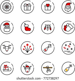 line vector icon set - firework vector, gift, santa claus, christmas sock, garland, gloves, deer, champagne, sale, sleigh, hat, opening, fizz