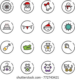 line vector icon set - firework vector, santa claus, bell, snowman, cake, flag garland, christmas elf, sun, fizz opening, crocodile, bear toy, horse stick, baby carousel, monster, cat