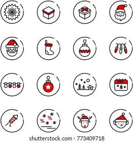 line vector icon set - firework vector, gift, santa claus, christmas sock, ball, garland, landscape, calendar, rocket, sale, deer hat, elf