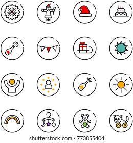 line vector icon set - firework vector, santa claus, christmas hat, cake, champagne, flag garland, sleigh gift, sun, success, star man, fizz opening, rainbow, baby carousel, bear toy, cat