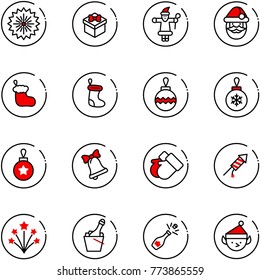 line vector icon set - firework vector, gift, santa claus, christmas sock, ball, bell, gloves, rocket, champagne, elf