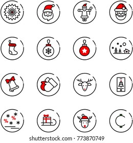 line vector icon set - firework vector, santa claus, christmas sock, ball, landscape, bell, gloves, deer, mobile, sale, sleigh gift, hat, cent