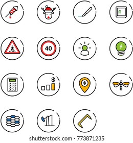 line vector icon set - firework rocket vector, christmas deer hat, scalpel, safe, pedestrian road sign, speed limit 40, idea, calculator, dollar chart, atm map pin, dragonfly, carbon, oil derrick