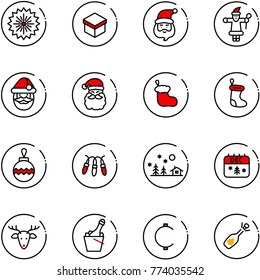 line vector icon set - firework vector, gift, santa claus, christmas sock, ball, garland, landscape, calendar, deer, champagne, cent, fizz opening