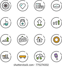 line vector icon set - firework vector, heart, hospital building, pill, stomach, weight, uplooad, arrows up, growth arrow, open, home dollar, sun, pool, skateboard, elephant wheel, beanbag