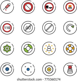 line vector icon set - firework rocket vector, prohibition road sign, no trailer, dangerous cargo, speed limit 110, end, redo, gear, circle chart, star man, lifebuoy, cd, record button, saw disk