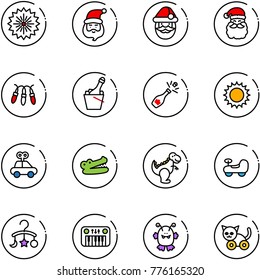 line vector icon set - firework vector, santa claus, garland, champagne, sun, car toy, crocodile, dinosaur, baby, carousel, piano, monster, cat