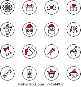 line vector icon set - firework vector, gift, bow, santa claus, garland, bell, gloves, rocket, champagne, christmas mobile, deer hat, elf