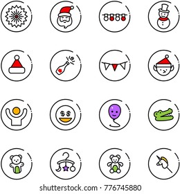 line vector icon set - firework vector, santa claus, garland, snowman, christmas hat, champagne, flag, elf, success, money smile, balloon, crocodile, bear toy, baby carousel, unicorn stick