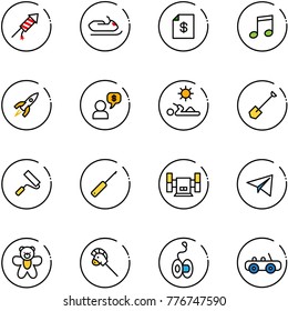 line vector icon set - firework rocket vector, snowmobile, account statement, music, money dialog, reading, shovel, paint roller, awl, sharpening, paper plane, bear toy, horse stick, yoyo, car