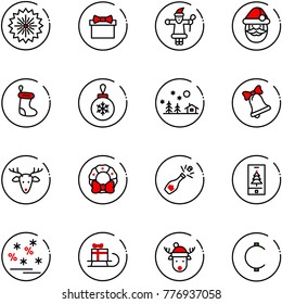 line vector icon set - firework vector, gift, santa claus, christmas sock, ball, landscape, bell, deer, wreath, champagne, mobile, sale, sleigh, hat, cent