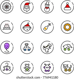 line vector icon set - firework vector, santa claus, snowman, christmas hat, cake, elf, fizz opening, sun, balloon smile, car toy, dinosaur, elephant wheel, baby carousel, bear, monster, cat