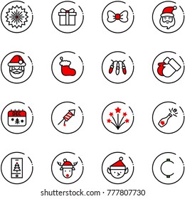 line vector icon set - firework vector, gift, bow, santa claus, christmas sock, garland, gloves, calendar, rocket, champagne, mobile, deer hat, elf, cent
