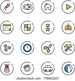 line vector icon set - firework rocket vector, euro dollar, home, play, schedule, puzzle, star medal, crown, flower, clock, scissors, wrench hammer, pyramid toy, beanbag, car, basketball