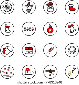 line vector icon set - firework vector, santa claus, christmas sock, garland, ball, bell, gloves, calendar, rocket, wreath, sale, sleigh gift, opening, fizz