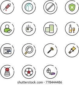 line vector icon set - firework rocket vector, basketball ball, no limit road sign, shield cross, user check, hot tea, building, wine, terms plan, magnifier, screw, dowel, pyramid toy, soccer