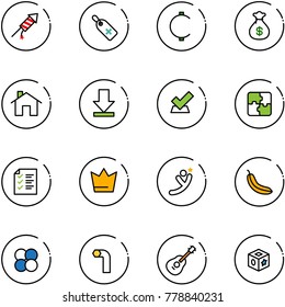 line vector icon set - firework rocket vector, medical label, cent, money bag, home, download, check, puzzle, list, crown, flying man, banana, atom core, allen key, guitar, cube toy