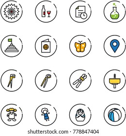 line vector icon set - firework vector, wine, history, round flask, pyramid flag, passport, butterfly, navigation pin, plumber, bolt cutter, crown drill, doll, russian, basketball