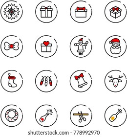 line vector icon set - firework vector, gift, bow, santa claus, christmas sock, garland, bell, deer, wreath, champagne, opening, fizz