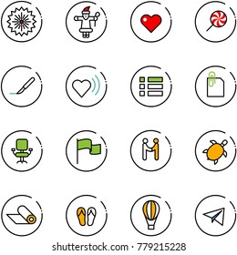 line vector icon set - firework vector, santa claus, heart, lollipop, scalpel, beat, menu, attachment, office chair, flag, agreement, sea turtle, mat, flip flops, air balloon, paper plane