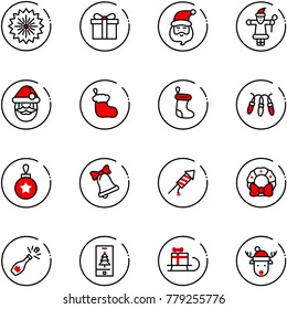 line vector icon set - firework vector, gift, santa claus, christmas sock, garland, ball, bell, rocket, wreath, champagne, mobile, sleigh, deer hat