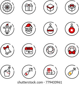 line vector icon set - firework vector, gift, santa claus, christmas ball, bell, calendar, wreath, champagne, sleigh, fizz opening
