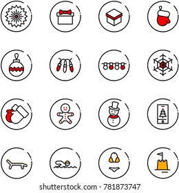 line vector icon set - firework vector, gift, christmas glove, ball, garland, snowflake, gloves, cake man, snowman, mobile, lounger, swimming, swimsuit, sand castle