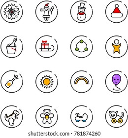 line vector icon set - firework vector, santa claus, snowman, christmas hat, champagne, sleigh gift, community, success, fizz opening, sun, rainbow, balloon smile, dinosaur toy, bear, baby car, cat