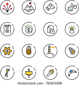 line vector icon set - firework vector, mountains, dog, tonometer, pull ups, money back, history, idea, managemet, pineapple, lighthouse, shell, plumber, crown drill, tile, boomerang