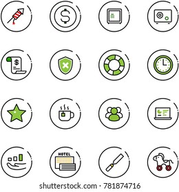 line vector icon set - firework rocket vector, dollar coin, safe, account history, shield cross, lifebuoy, time, star, hot tea, group, statistics monitor, growth, sea hotel, rasp, wheel horse
