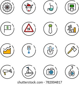 line vector icon set - firework vector, christmas deer hat, stomach, atm, dollar flag, oncoming traffic road sign, tie, career, growth, laser, casting of steel, axe, dryer, sailboat toy, camera