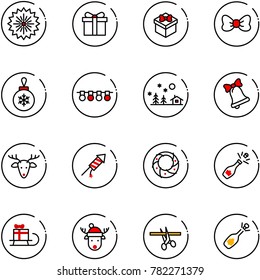 line vector icon set - firework vector, gift, bow, christmas ball, garland, landscape, bell, deer, rocket, wreath, champagne, sleigh, hat, opening, fizz