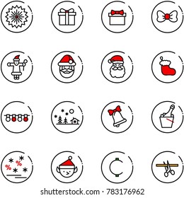 line vector icon set - firework vector, gift, bow, santa claus, christmas sock, garland, landscape, bell, champagne, sale, elf, cent, opening