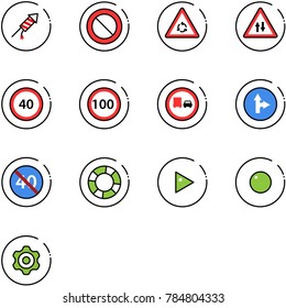line vector icon set - firework rocket vector, prohibition road sign, round motion, oncoming traffic, speed limit 40, 100, no truck overtake, only forward right, end minimal, lifebuoy, play, record