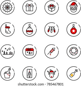 line vector icon set - firework vector, gift, santa claus, christmas sock, ball, garland, landscape, calendar, rocket, wreath, champagne, mobile, deer hat, fizz opening