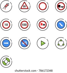 line vector icon set - firework rocket vector, oncoming traffic road sign, prohibition, no trailer, speed limit 10, 100, truck overtake, detour, only right, end minimal, play, community