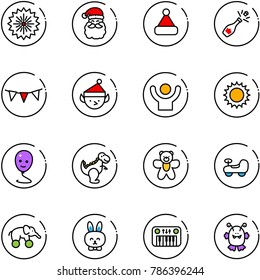 line vector icon set - firework vector, santa claus, christmas hat, champagne, flag garland, elf, success, sun, balloon smile, dinosaur toy, bear, baby car, elephant wheel, rabbit, piano, monster