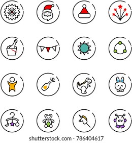 line vector icon set - firework vector, santa claus, christmas hat, champagne, flag garland, sun, community, success, fizz opening, dinosaur toy, rabbit, baby carousel, bear, unicorn stick, monster