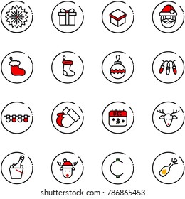 line vector icon set - firework vector, gift, santa claus, christmas sock, ball, garland, gloves, calendar, deer, champagne, hat, cent, fizz opening