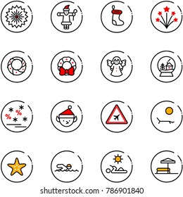 line vector icon set - firework vector, santa claus, christmas sock, wreath, angel, snowball house, sale, elf, airport road sign, lounger, starfish, swimming, reading, inflatable pool