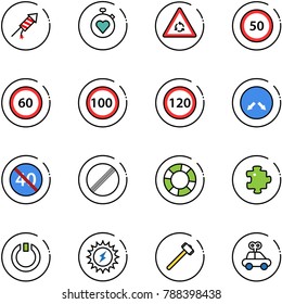 line vector icon set - firework rocket vector, stopwatch heart, round motion road sign, speed limit 50, 60, 100, 120, detour, end minimal, no, lifebuoy, puzzle, standby, sun power, sledgehammer