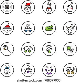line vector icon set - firework vector, santa claus, snowman, champagne, christmas elf, car toy, crocodile, dinosaur, horse stick, elephant wheel, bear, caterpillar, rabbit, baby carousel, monster