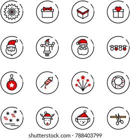 line vector icon set - firework vector, gift, santa claus, garland, christmas ball, rocket, wreath, sale, deer hat, elf, opening