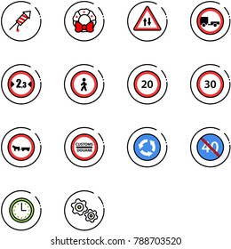 line vector icon set - firework rocket vector, christmas wreath, oncoming traffic road sign, no trailer, limited width, pedestrian, speed limit 20, 30, cart horse, customs, circle, end minimal, time