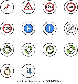 line vector icon set - firework rocket vector, round motion road sign, limited width, speed limit 40, 130, only forward right, end, friends, lifebuoy, time, circle chart, diamond ring